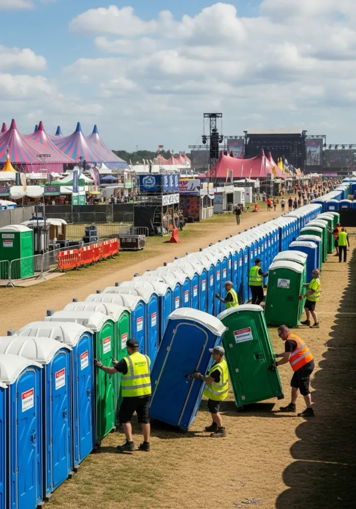 Event staff arranging portable toilets at a large outdoor festival with tents stages and vendor stalls visible in the background 94925 Corte Madera, CA 1