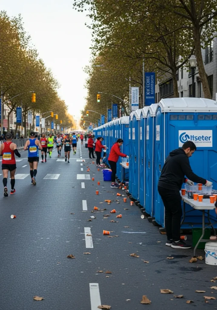 Rows of portable toilets lined up along a marathon route with runners and support staff visible 11743 Huntington Bay, NY 7